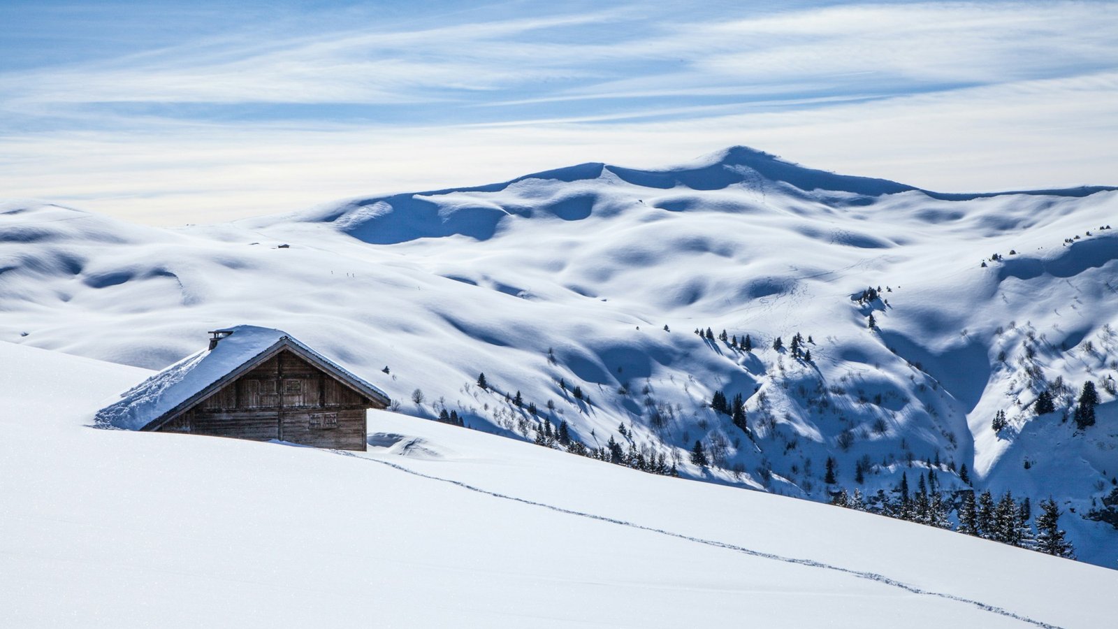 A snow-covered chalet above Megève in the French Alps